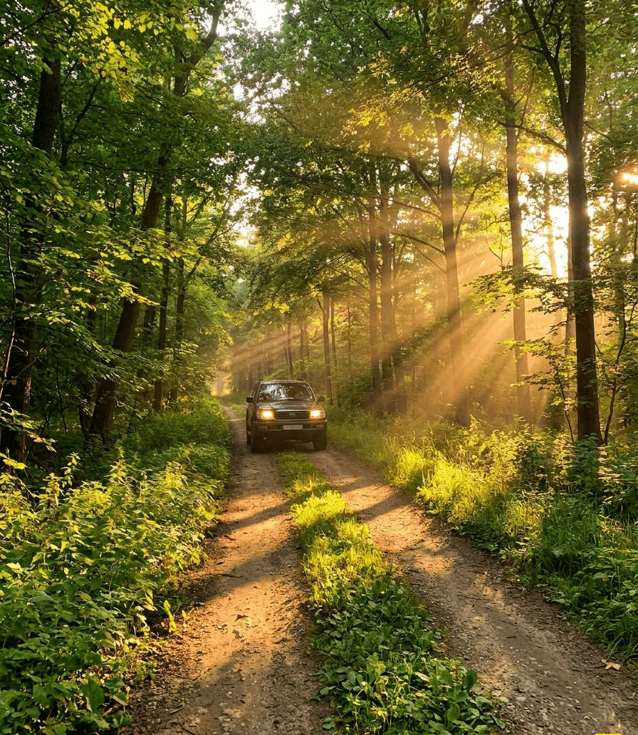 4x4 driving through sunlit forest